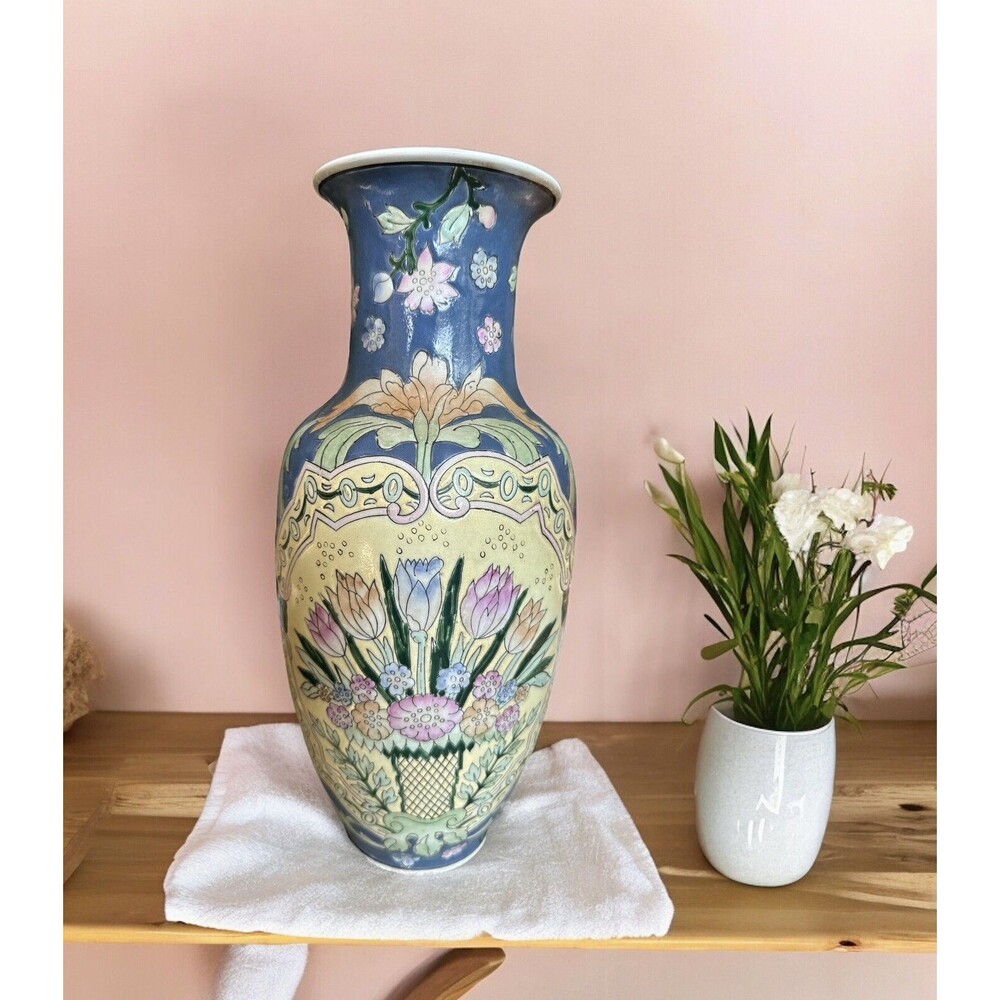 Vintage WBI Ceramic Baluster Vase Chinese Chinoiserie Glazed Flowers 12" Tall